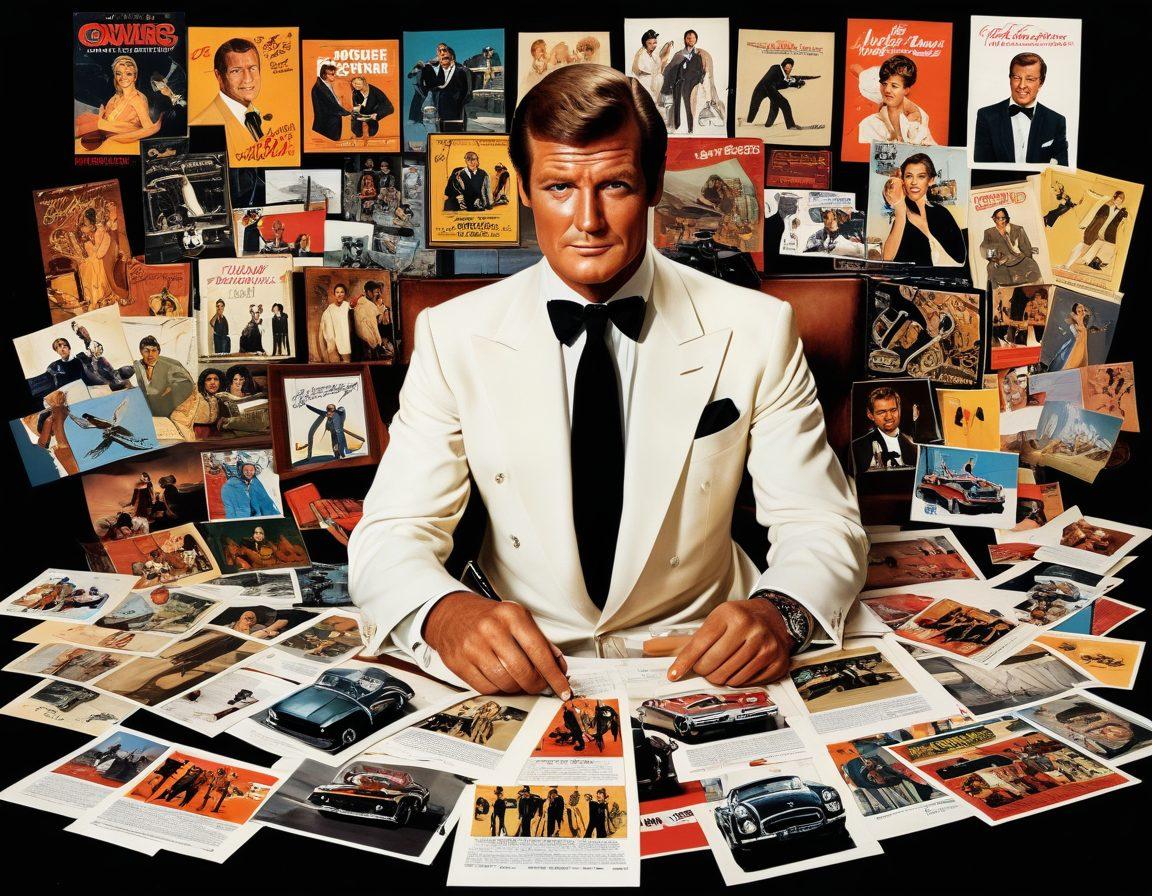 A captivating collage showcasing Roger Moore in various iconic James Bond poses from the 1970s, intertwined with behind-the-scenes images of film sets, director's chairs, and candid moments with crew members. Include elements of vintage Hollywood glamour, vibrant film reels, and memorabilia like autographed scripts and movie posters. The atmosphere should evoke nostalgia and intrigue. super-realistic. vintage colors. dynamic composition.