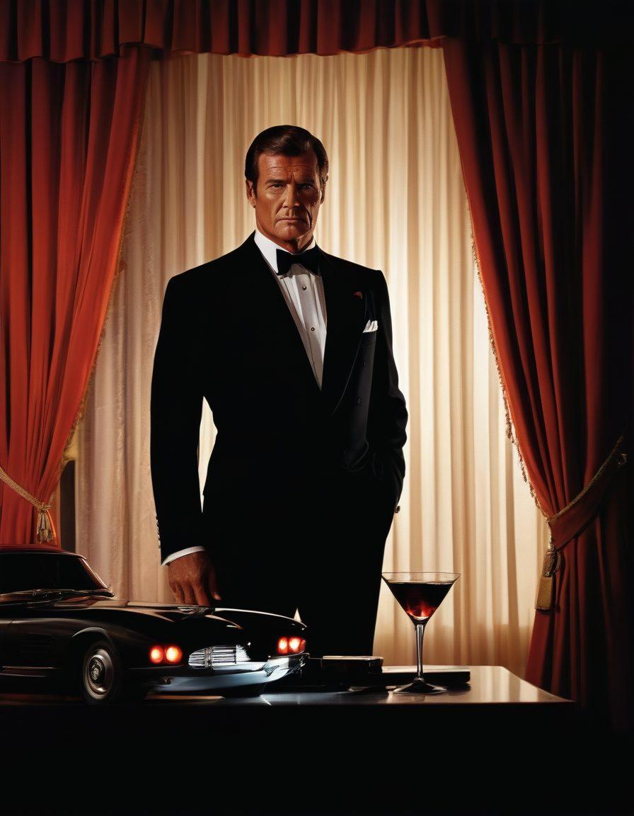 A mysterious silhouette of Roger Moore in a tuxedo, standing in front of a curtain that's partially drawn, revealing iconic Bond gadgets and elements like a gun, a martini glass, and a vintage car. In the background, blurred images of famous Bond women and exotic locations, hinting at adventure and intrigue. The scene is illuminated with dramatic lighting, creating an aura of timeless class and suspense. super-realistic. vibrant colors. film noir style.