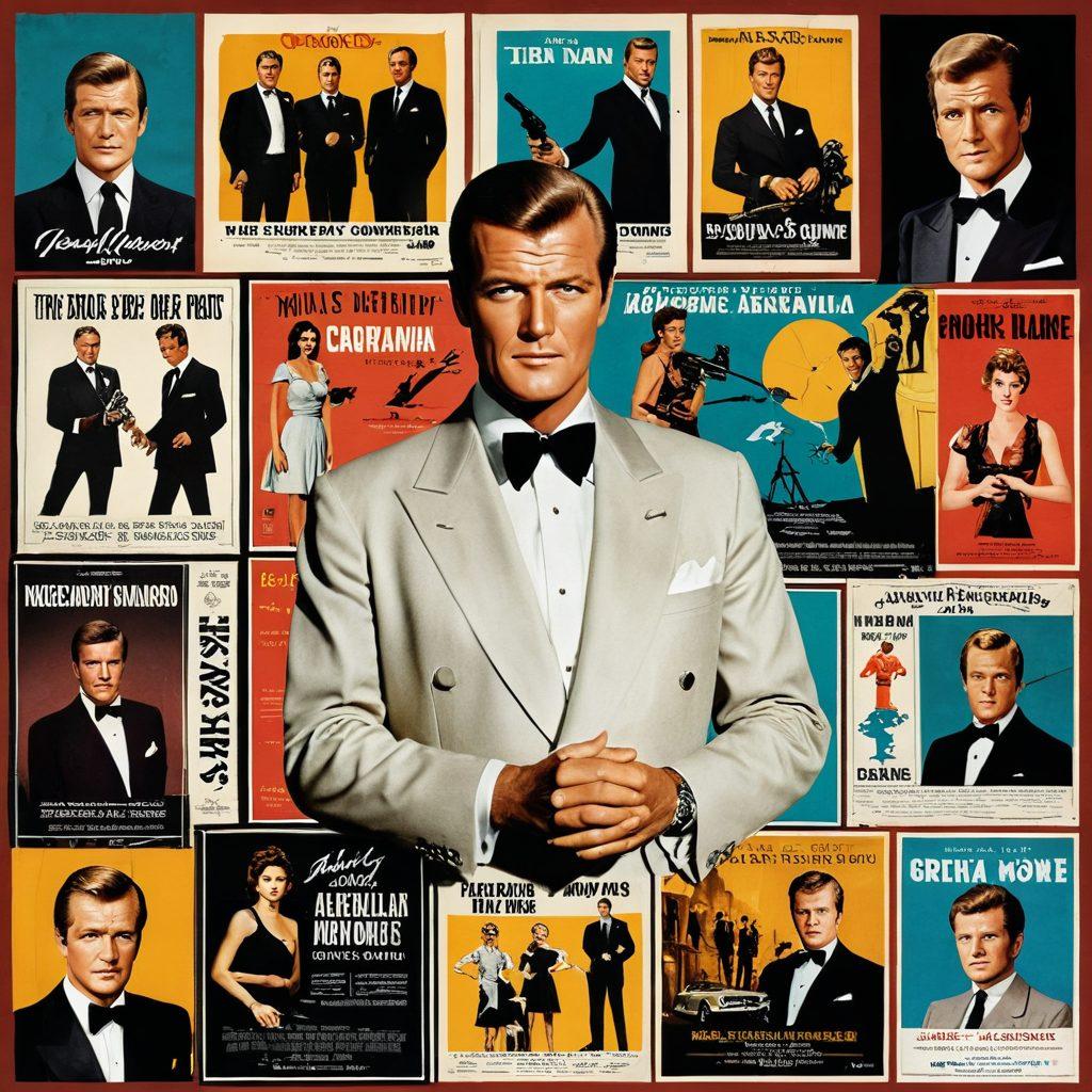 An iconic collage depicting Roger Moore in various roles, from suave spy to charming gentleman. Include cinematic elements like film reels, golden awards, and a background featuring famous movie scenes. Emphasize his impact on celebrity culture and film critique with subtle nods to stardom, like fans cheering and film critics pondering. The color palette should be rich and inviting, capturing the essence of classic and modern cinema. vintage movie poster style. vibrant colors.